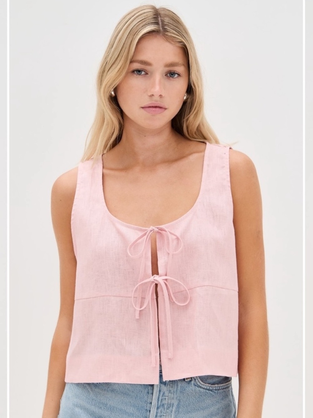 VRG GRL 100% Linen Soft Pink Tie-Front Cropped Tank Top Breathable Summer